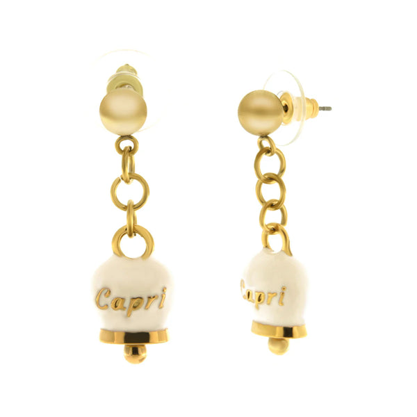 Amo Capri - Orecchini in Acciaio con campanella pendente bianca e oro con scritta Capri