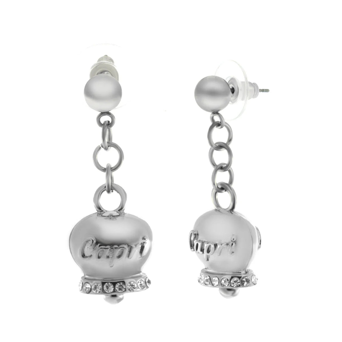 Amo Capri - Orecchini in Acciaio con campanella bianca con scritta Capri