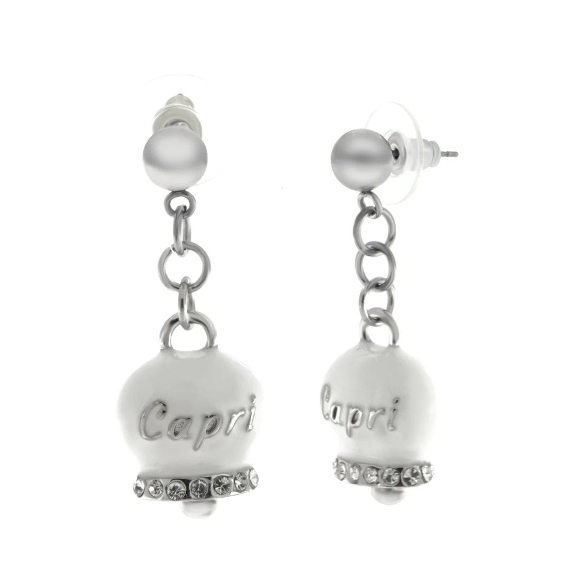 Amo Capri - Orecchini in Acciaio con campanella bianca con scritta Capri