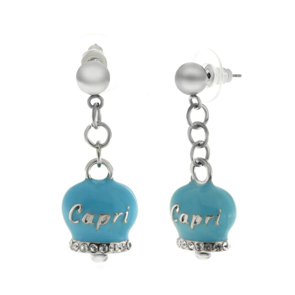 Amo Capri - Orecchini in Acciaio con campanella azzurro con scritta Capri