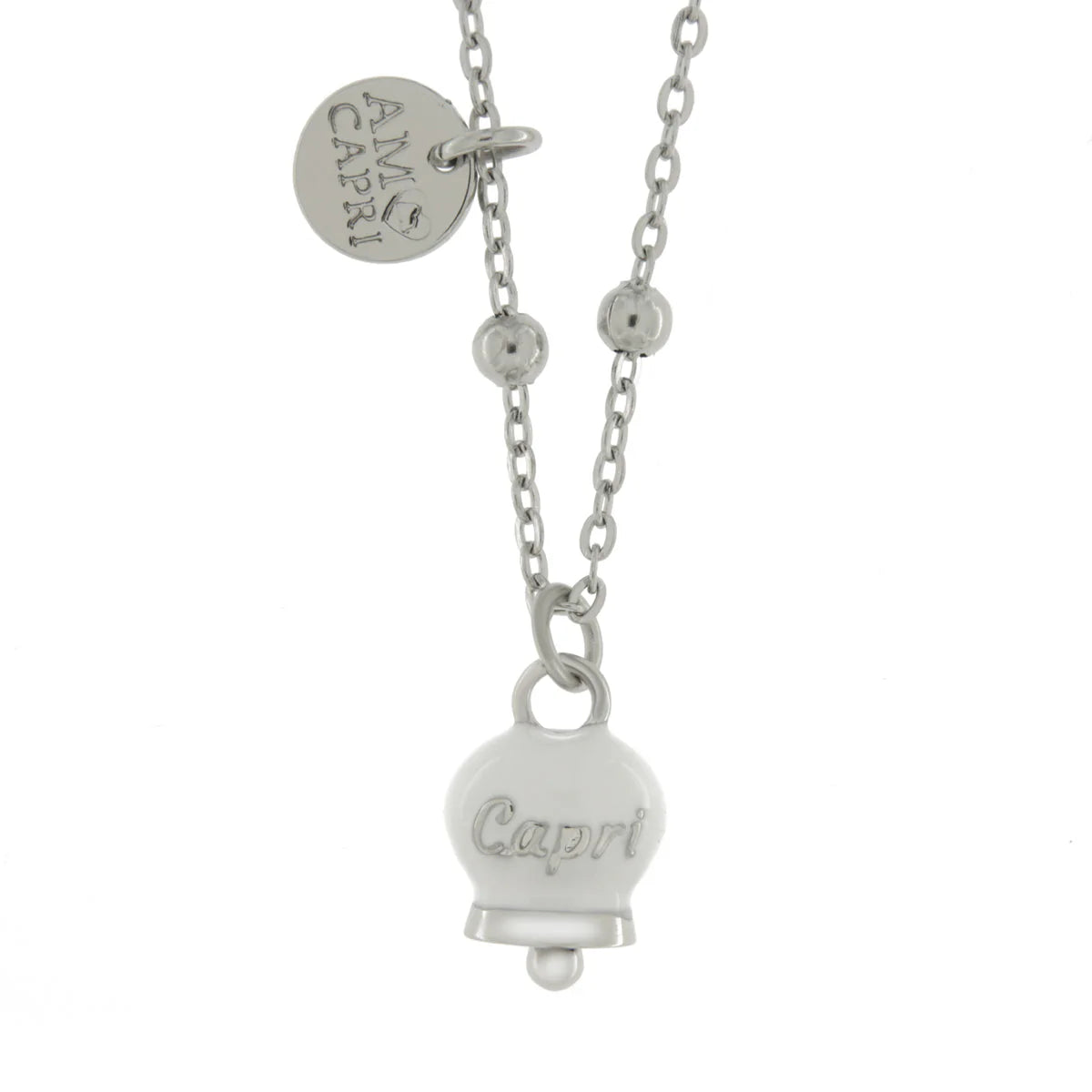 AMO CAPRI - Collana in Acciaio con campanella pendente bianca con scritta Capri
