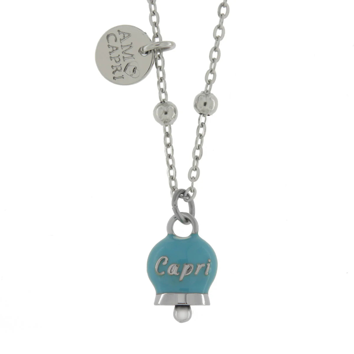 AMO CAPRI - Collana in Acciaio con campanella pendente azzurra con scritta Capri