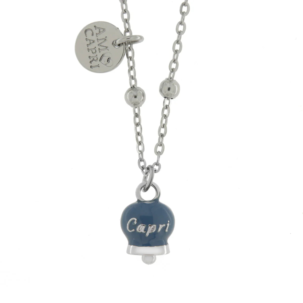 AMO CAPRI - Collana in Acciaio con campanella pendente blu cobalto con scritta Capri