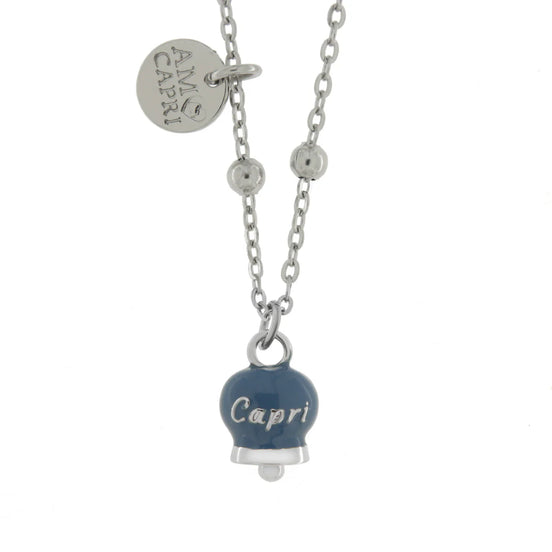 AMO CAPRI - Collana in Acciaio con campanella pendente blu cobalto con scritta Capri