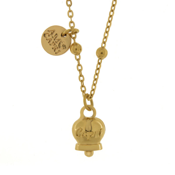 AMO CAPRI - Collana in Acciaio con campanella pendente placcato oro con scritta Capri