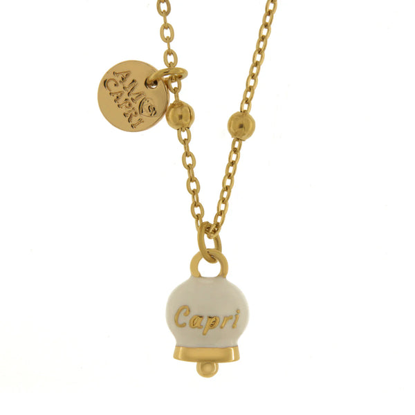 AMO CAPRI - Collana in Acciaio con campanella pendente bianca e oro con scritta Capri