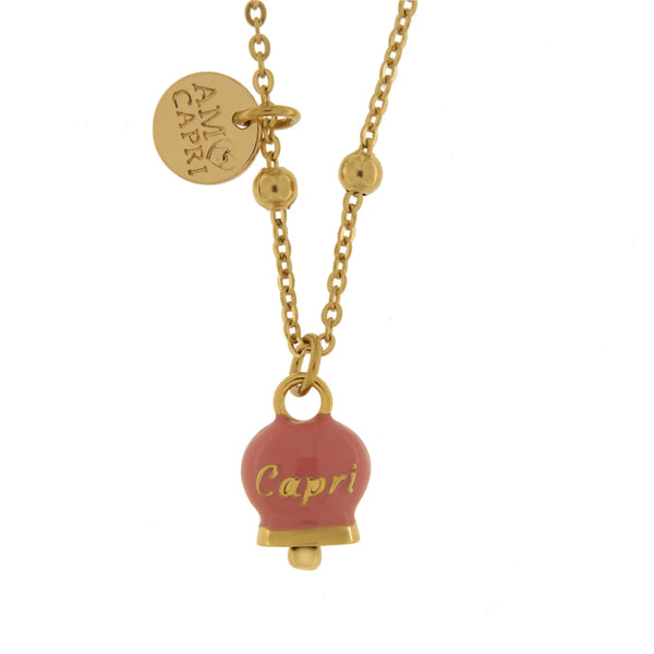 AMO CAPRI - Collana in Acciaio con campanella pendente rosa con scritta Capri