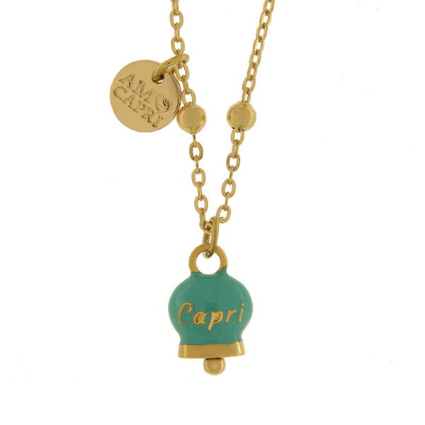 AMO CAPRI - Collana in Acciaio con campanella pendente verde con scritta Capri
