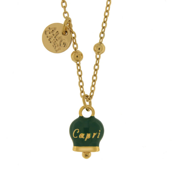 Amo Capri - Collana in Acciaio con campanella pendente verde scuro con scritta Capri