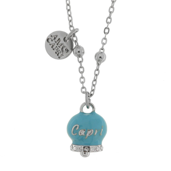 AMO CAPRI - Collana in Acciaio con campanella pendente azzurra con scritta Capri