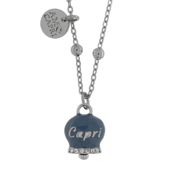 AMO CAPRI - Collana in Acciaio con campanella blu cobalto con scritta Capri