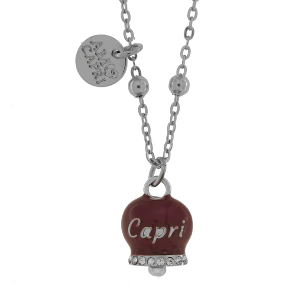 AMO CAPRI - Collana in Acciaio con campanella borgogna con scritta Capri