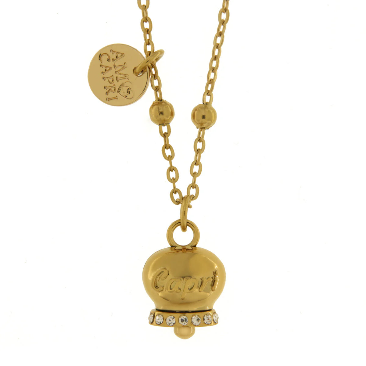 AMO CAPRI Collana in Acciaio con campanella placcata oro con scritta Capri