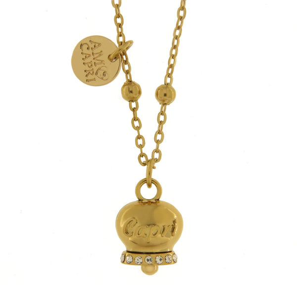 AMO CAPRI Collana in Acciaio con campanella placcata oro con scritta Capri
