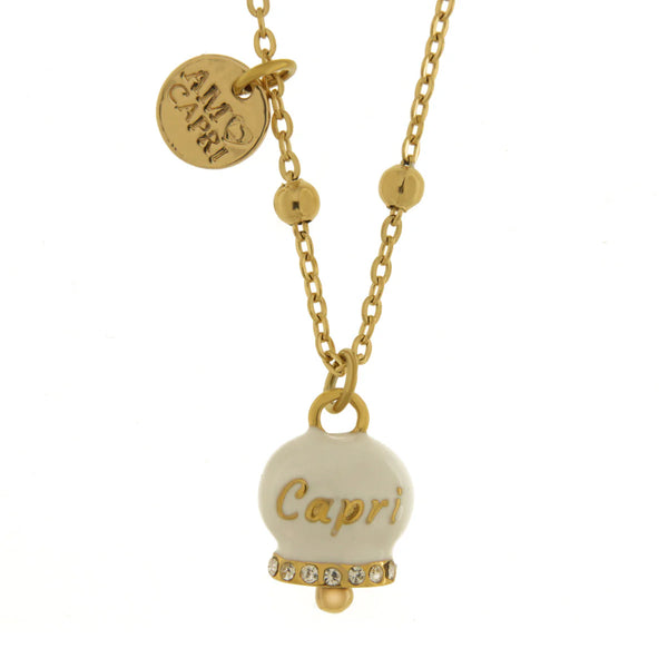 AMO CAPRI Collana in Acciaio con campanella bianca e oro con scritta Capri
