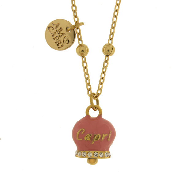AMO CAPRI - Collana in Acciaio con campanella rosa con scritta Capri