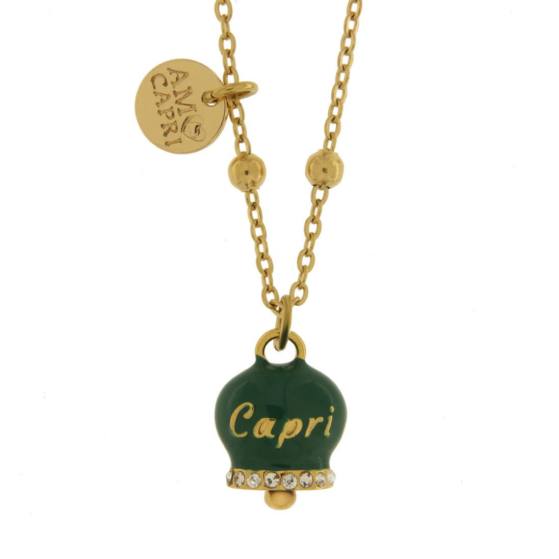 AMO CAPRI - Collana in Acciaio con campanella verde scura con scritta Capri