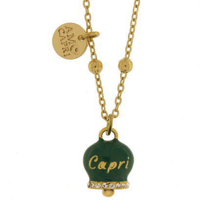 AMO CAPRI - Collana in Acciaio con campanella verde scura con scritta Capri