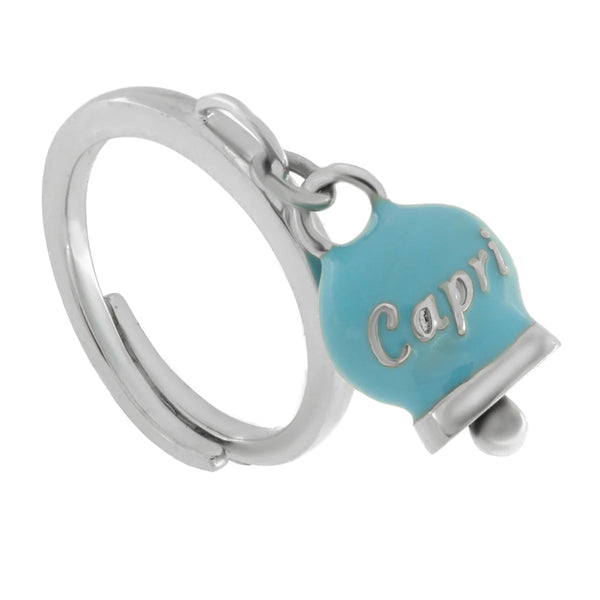 AMO CAPRI - Anello in Acciaio con campanella pendente azzurra con scritta Capri