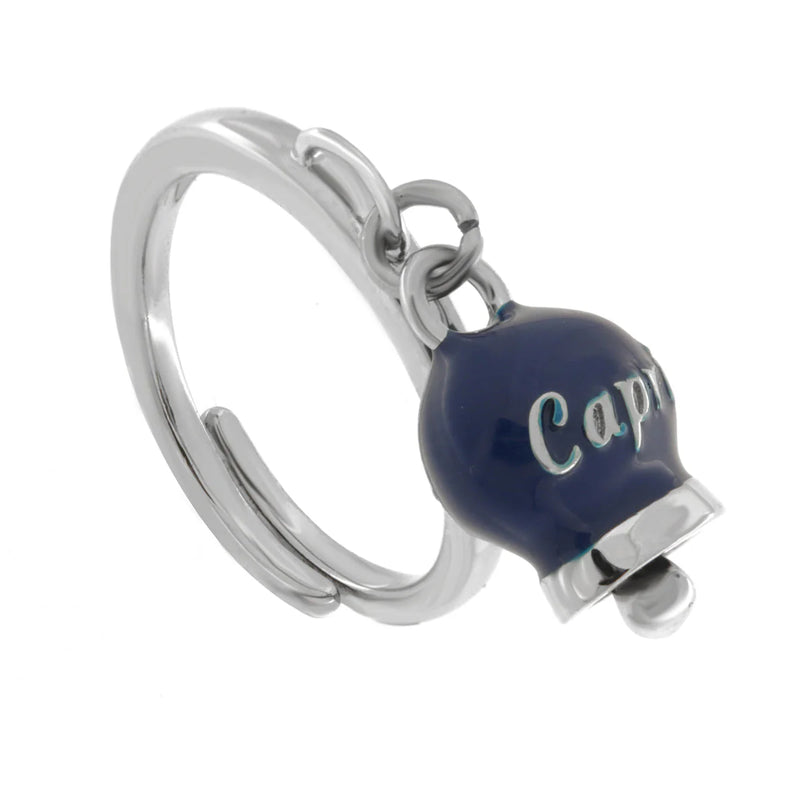 AMO CAPRI - Anello in Acciaio con campanella pendente blu con scritta Capri