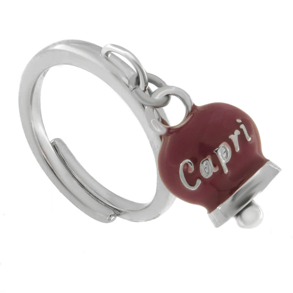 AMO CAPRI - Anello in Acciaio con campanella borgogna con scritta Capri