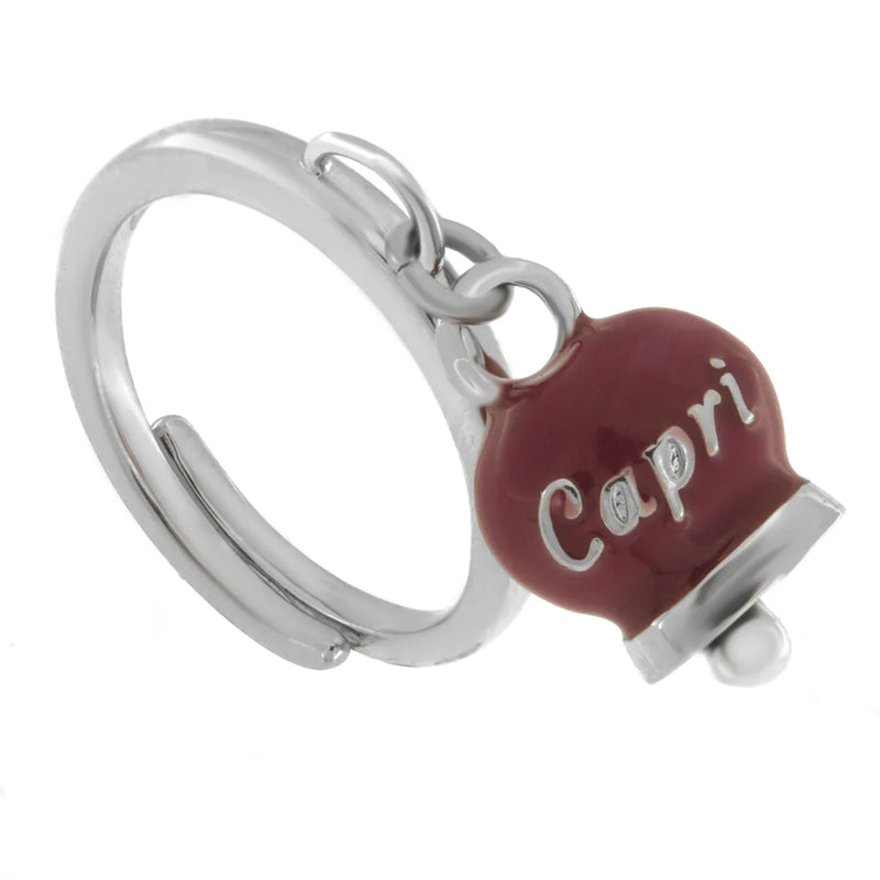 AMO CAPRI - Anello in Acciaio con campanella borgogna con scritta Capri