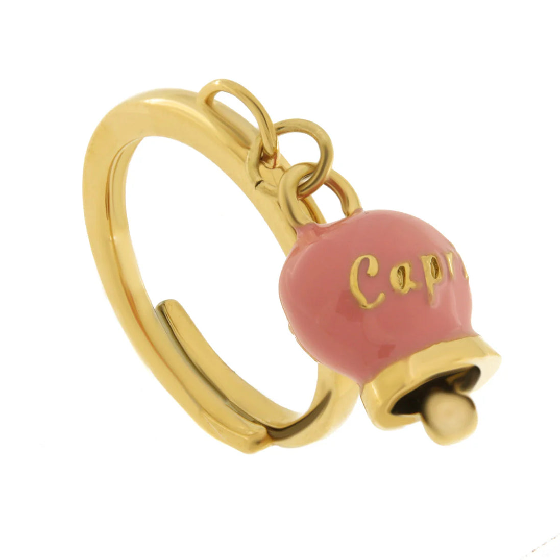 AMO CAPRI - Anello in Acciaio con campanella pendente rosa con scritta Capri