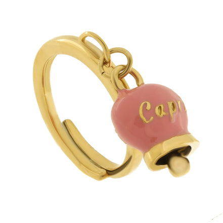 AMO CAPRI - Anello in Acciaio con campanella pendente rosa con scritta Capri