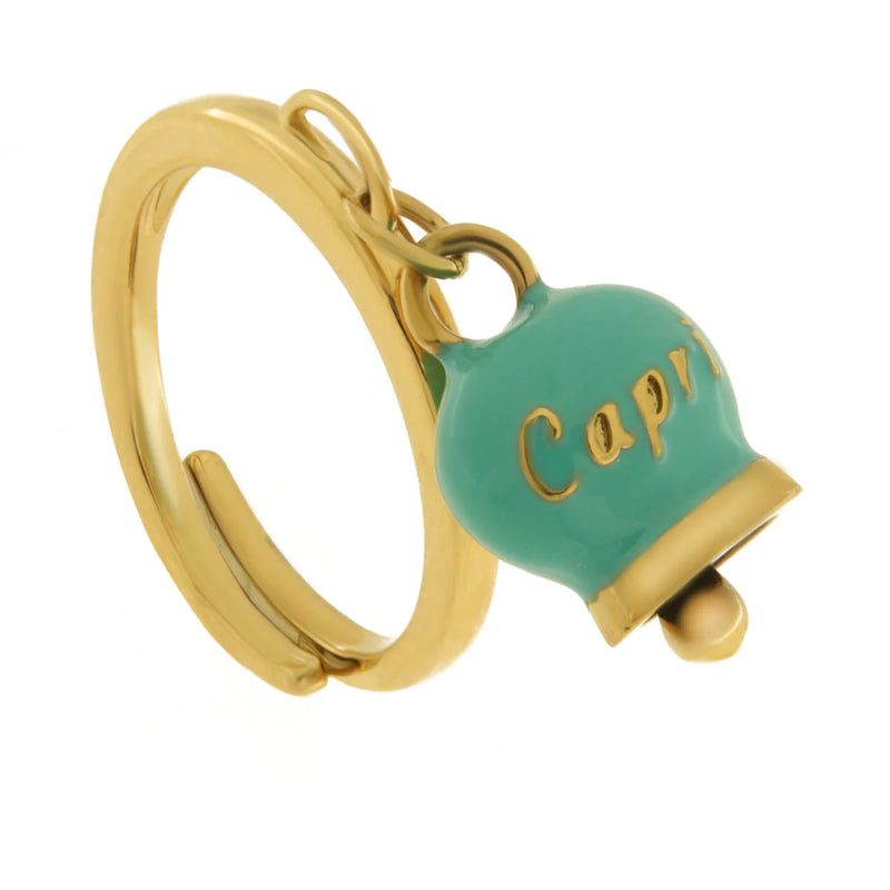 Amo Capri - Anello in Acciaio con campanella pendente verde con scritta Capri