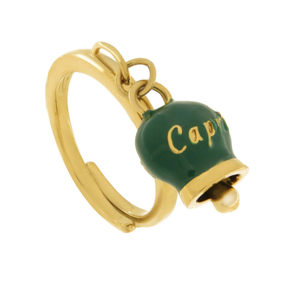 AMO CAPRI - Anello in Acciaio con campanella pendente verde scuro con scritta Capri
