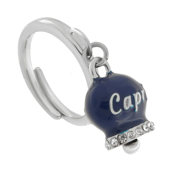 AMO CAPRI - Anello in Acciaio con campanella blu con scritta Capri