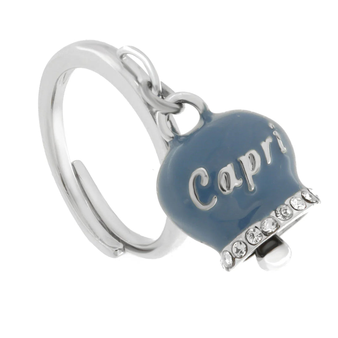 AMO CAPRI - Anello in Acciaio con campanella blu cobalto con scritta Capri