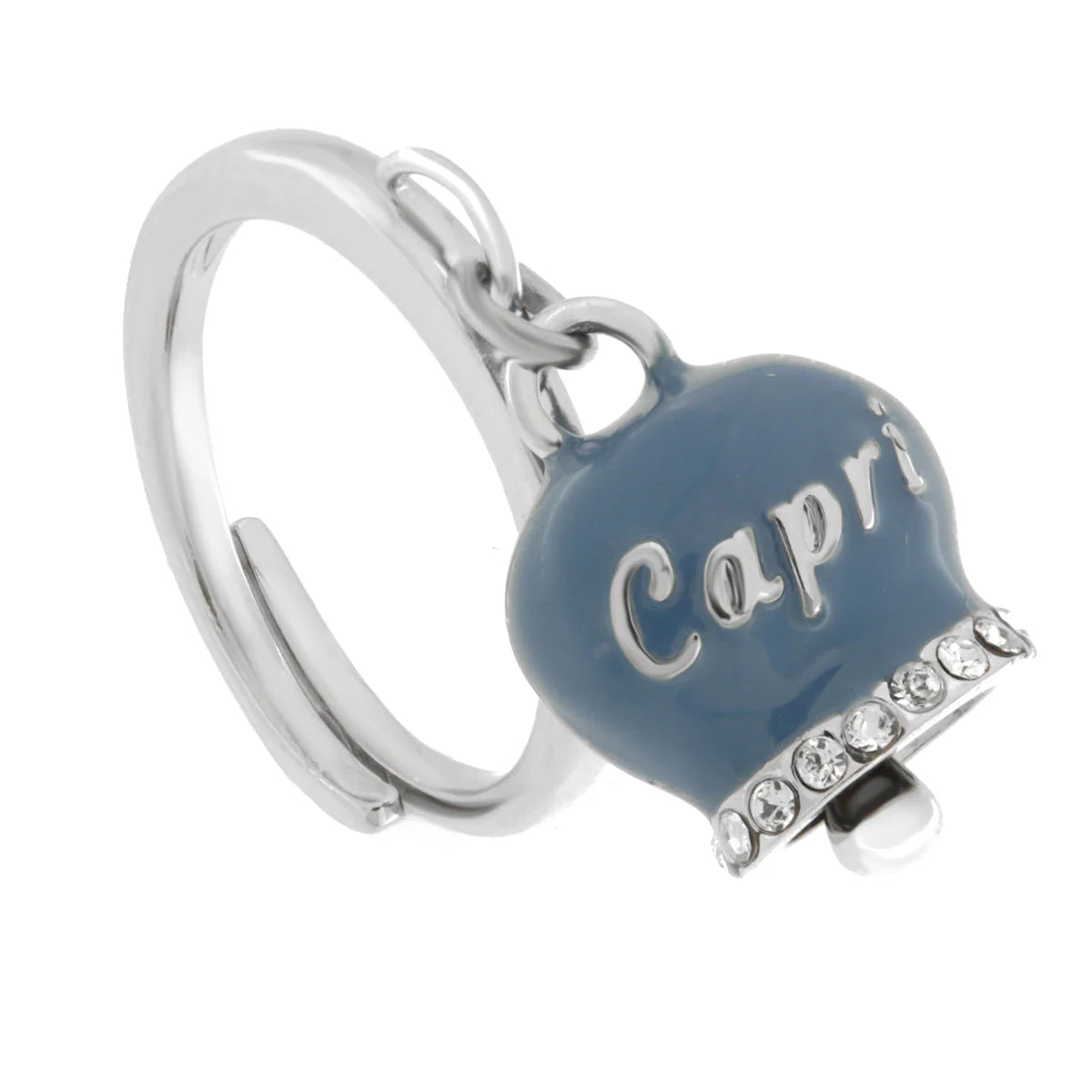 AMO CAPRI - Anello in Acciaio con campanella blu cobalto con scritta Capri