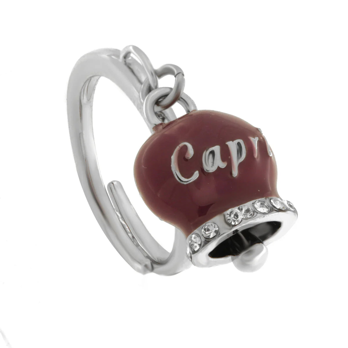 AMO CAPRI - Anello in Acciaio con campanella borgogna con scritta Capri