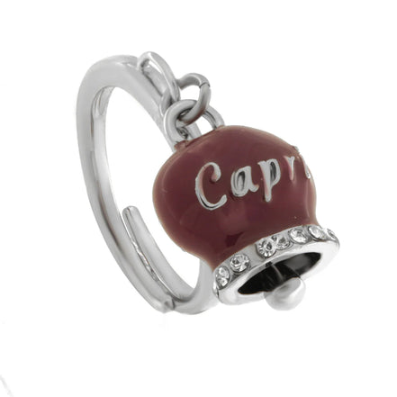 AMO CAPRI - Anello in Acciaio con campanella borgogna con scritta Capri