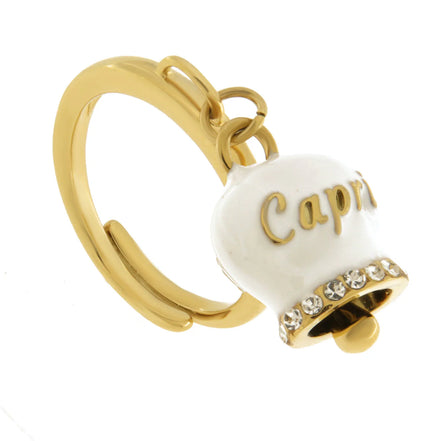 AMO CAPRI - Anello in Acciaio con campanella bianca e oro con scritta Capri