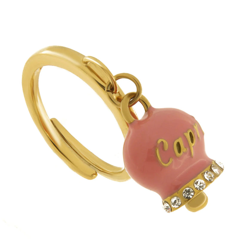 AMO CAPRI - Anello in Acciaio con campanella rosa con scritta Capri