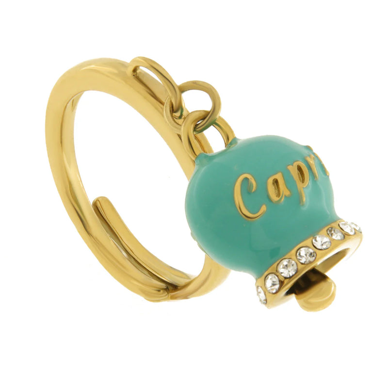 Amo Capri - Anello in Acciaio con campanella verde con scritta Capri