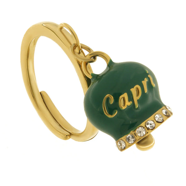 AMO CAPRI - Anello in Acciaio con campanella verde scura con scritta Capri