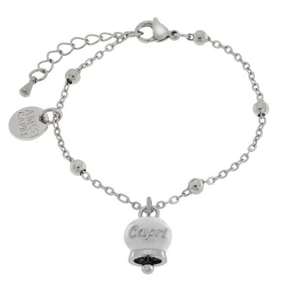 AMO CAPRI - Bracciale in Acciaio con campanella pendente bianca con scritta Capri