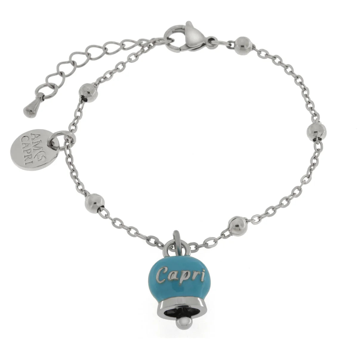 AMO CAPRI - Bracciale in Acciaio con campanella pendente azzurra con scritta Capri