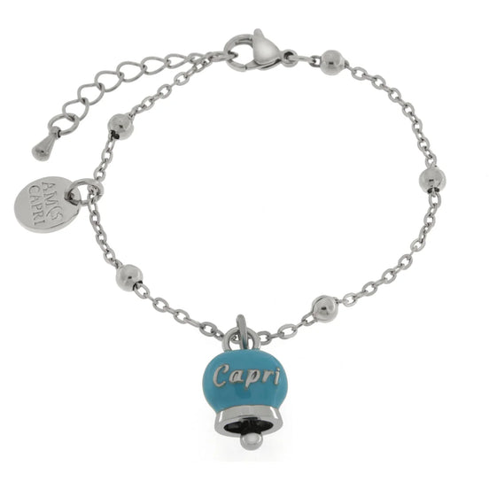AMO CAPRI - Bracciale in Acciaio con campanella pendente azzurra con scritta Capri