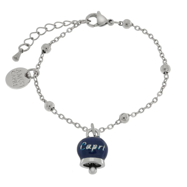AMO CAPRI - Bracciale in Acciaio con campanella pendente blu con scritta Capri