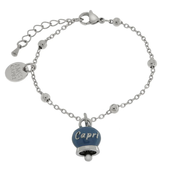 AMO CAPRI - Bracciale in Acciaio con campanella pendente blu cobalto con scritta Capri