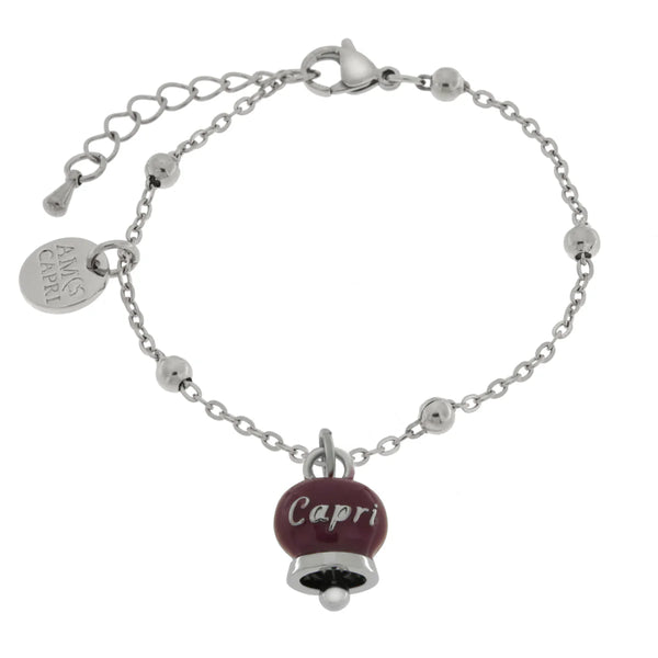 AMO CAPRI - Bracciale in Acciaio con campanella pendente borgogna con scritta Capri