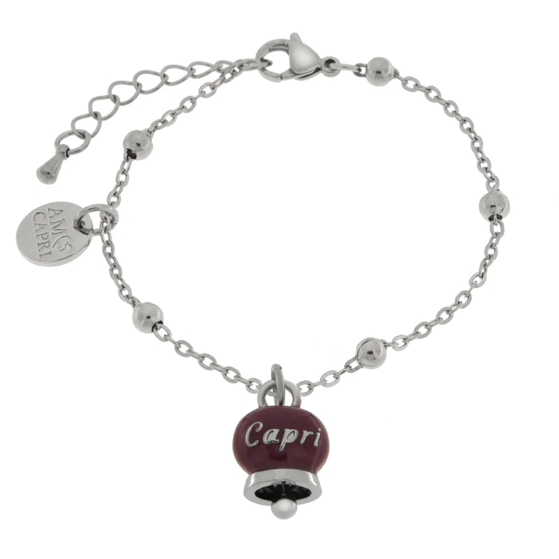 AMO CAPRI - Bracciale in Acciaio con campanella pendente borgogna con scritta Capri