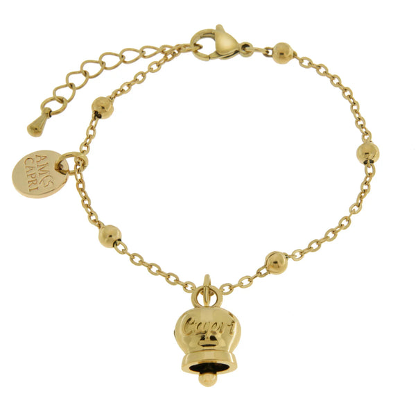 AMO CAPRI - Bracciale in Acciaio con campanella pendente placcata oro con scritta Capri