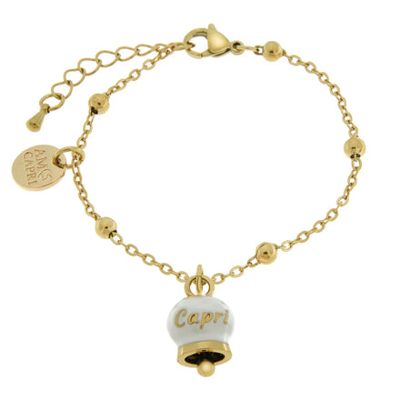 AMO CAPRI - Bracciale in Acciaio con campanella pendente bianca e oro con scritta Capri