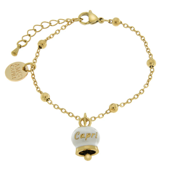 AMO CAPRI - Bracciale in Acciaio con campanella pendente bianca e oro con scritta Capri