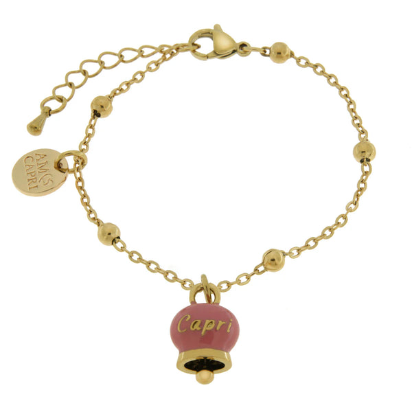 AMO CAPRI - Bracciale in Acciaio con campanella pendente rosa con scritta Capri